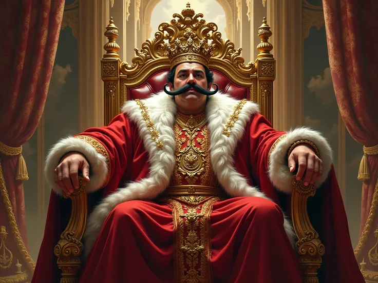 Image 1:  A king with a big moustache and fat , on a golden throne ,  surrounded by luxurious ornaments and works of art . 
