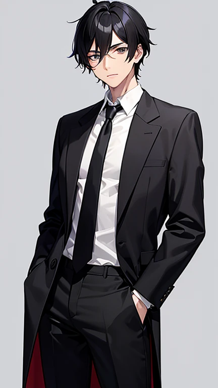 An anime-style male character with a mature and intelligent appearance, suitable as a science teacher. He has black hair, slightly tousled but neatly styled, and dark eyes that convey wisdom and kindness. He wears a long black lab coat. Underneath, he has ...