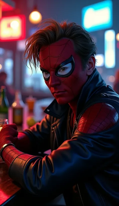 spiderman,spiderman at a bar,spiderman drinking,highly detailed,intricate details,cinematic lighting,dark moody atmosphere,realistic,photorealistic,highly detailed face,expressive eyes,superhero,marvel comics,neon lights,glass of liquor,leather jacket,mess...