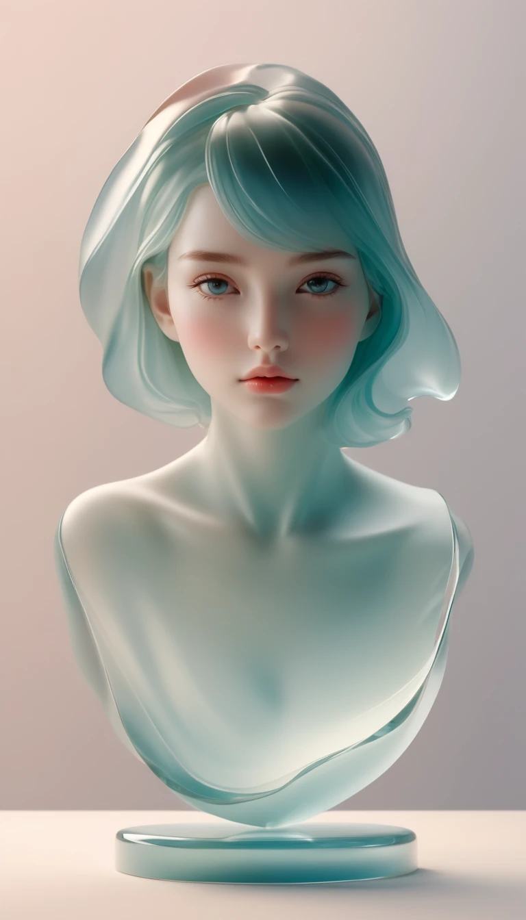 , a 3D portrait sculpture is placed in the center stand，simple，minimalism， Beautiful Girl ，, soft and elegant colors ，Tinted glass, transparent 