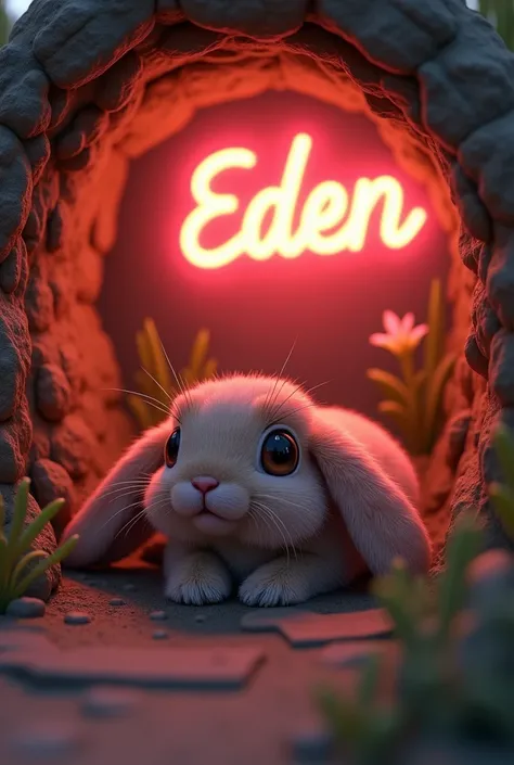 Image of a bunny in the burrow with EDEN sign in the red neon background