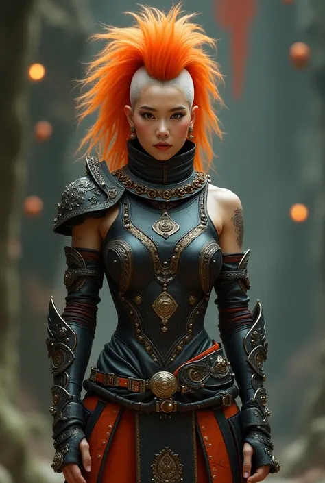 A beautiful, attractive bold & sculp no hair monk girl, a native monggol facial features, wearing cyberpunk design  complete armor, a nice & clean bold no hair sculp head, orange sculp hair color,  treasure quality clothing color, (wearing a native monggol...