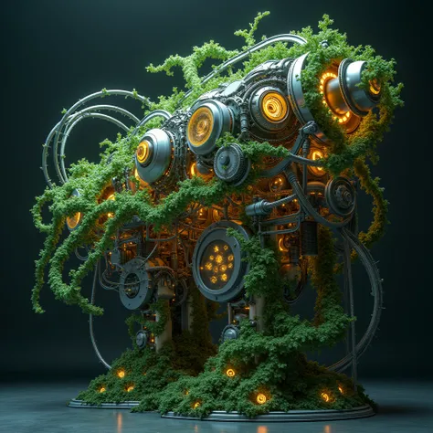 masterpiece,  complex mechanical parts、Ivy that operates a machine、A plant that is entangled in a machine and emits light、 high definition, accurate, 最 high quality,  detail, 高い detail,  high definition model,  high quality,  Ultra High Definition, Ultra W...