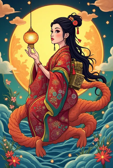  Create a bright colorful cartoon tarot card illustration , close-up of an incredibly beautiful Chinese goddess in a kimono with a backpack on her shoulders with precious stones with a Chinese lantern rides on a seahorse in the style of Tarot Waite-Smiths ...