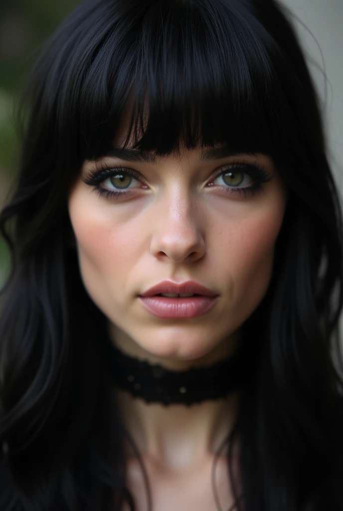   GOTHIC STYLE DELINEATED EYES woman with straight black hair ,  that falls in soft waves on both sides of your face .  It has a fringe that frames its forehead , giving it a youthful air. Her skin is clear and soft,  and its cheeks are slightly reddish , ...