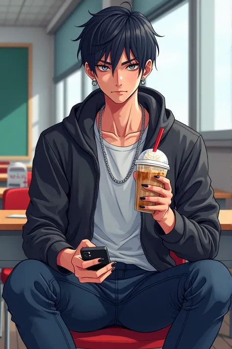 A man, 18 years old, attractive face with no facial hair, gray hair, amber eyes, tall and thin, black nails, piercing in his lip and ears, sitting in a chair in a classroom while holding a milkshake in one hand and his cell phone in the other, with a serio...