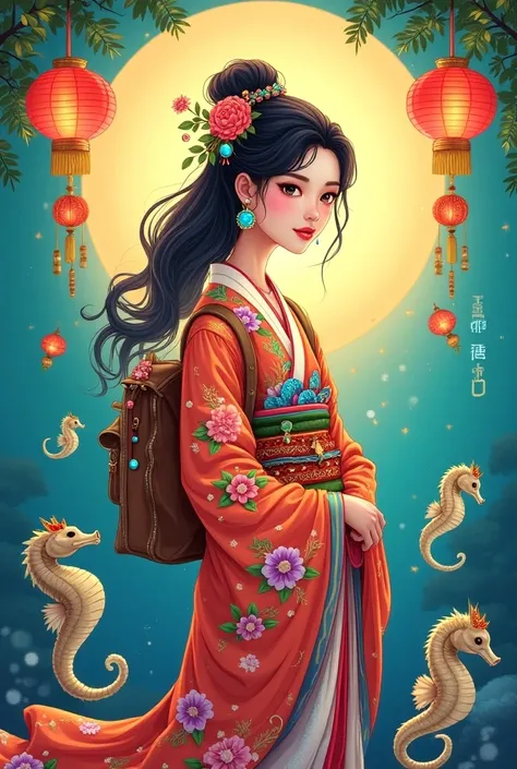  Create a bright colorful cartoon tarot card illustration , close-up of an incredibly beautiful Chinese goddess in a kimono with a backpack on her shoulders with precious stones with a Chinese lantern swims next to seahorses in the style of the Waite-Smith...