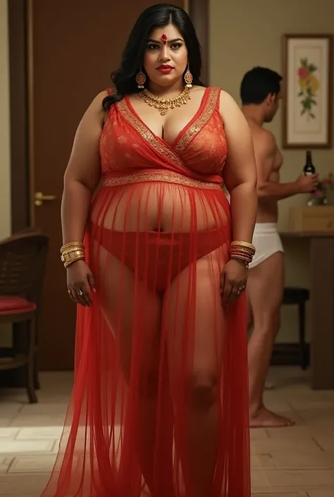 Full body view of a 40 year old plus size tall and big indian wife, looking like indian actress honey rose, wearing fully  transparent maxi dress 
white skin tone, beautiful face, red lips, clean skin, celebrity face, thick leggs, round ass, huge breast,al...