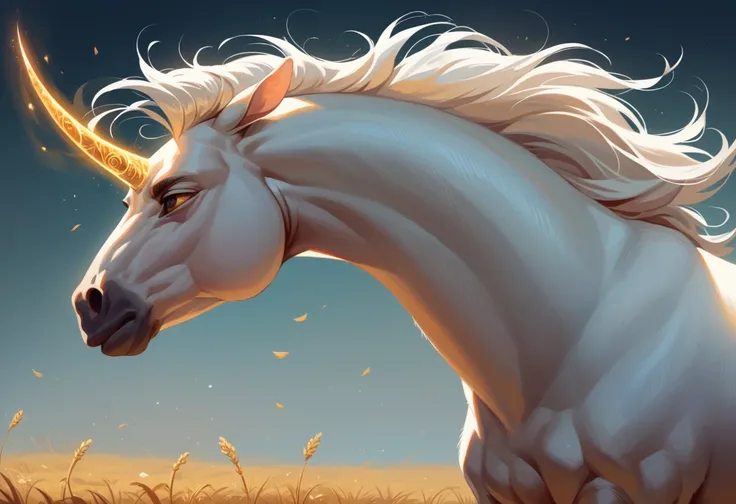 feral white horse with white mane and tail, golden eyes, spiral horn on forehead