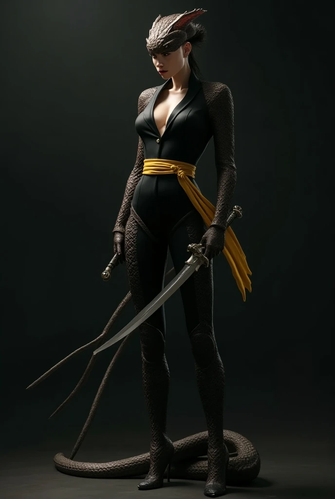 Female human snake beautiful ugly and graceful and swordsman black suit yellow belt