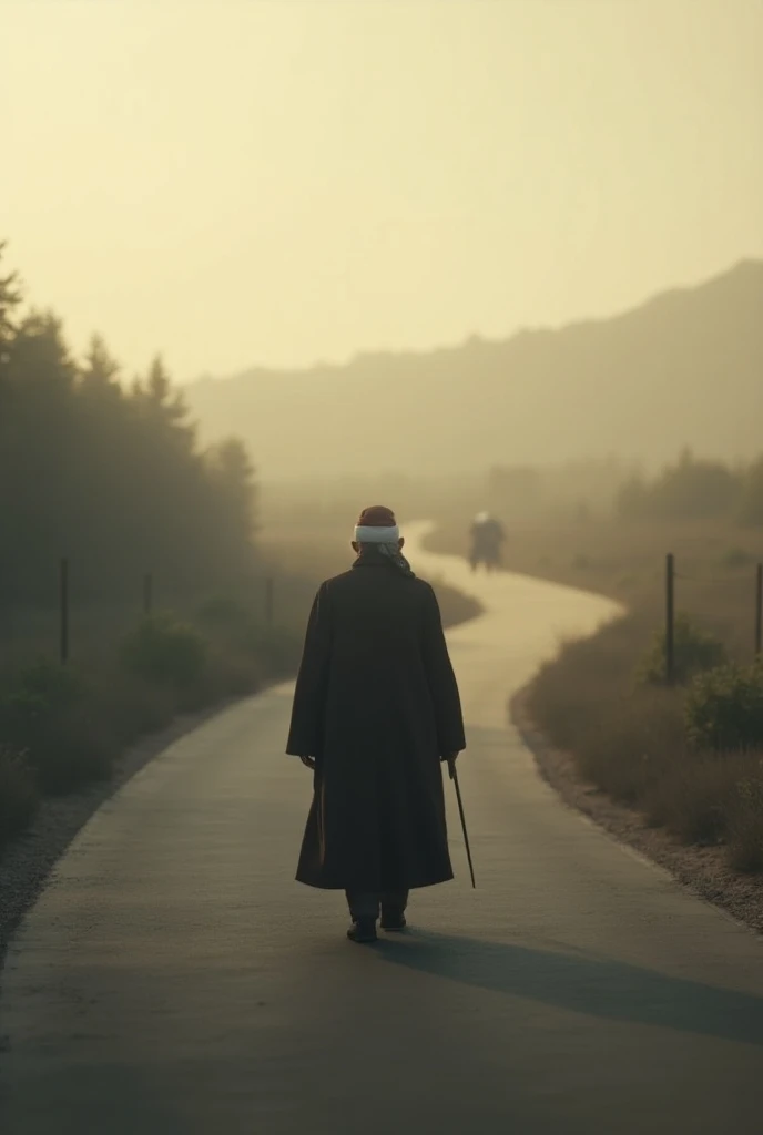 Create image in 3d animation faces,A final shot of the empty road, as Pir Sahib retreats from the town, his figure fading into the distance, abandoning his plans of deceit."