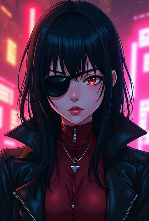  Big picture Bad girl Azucki with eye patch Black hair and black eyes it is an anime art @Manga style The new bathroom style partly anime and manga partly background discotheque  