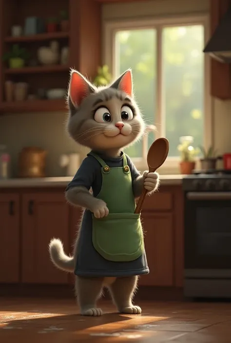 Inside the house, the mother cat cooking in the kitchen wearing apron and wooden spoon in hand standing on two legs like human hears the splash. Her ears perk up, and her eyes widen in worry. The house is cozy, with soft lighting, but her expression is fil...