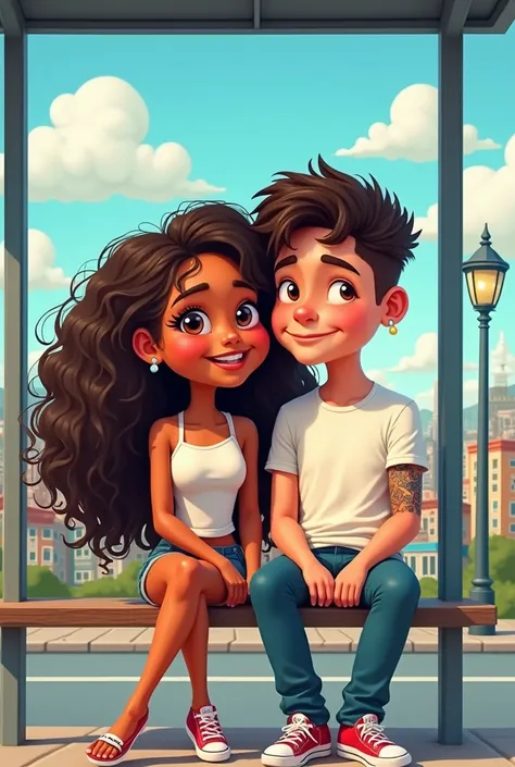 A girl with very curly hair, brown color and long , and half-brown skin,  with her boyfriend who has an earring in one ear,  a little muscular and the hair a little curly, with a tattoo on the arm, Sitting at the bus stop, cartoon
