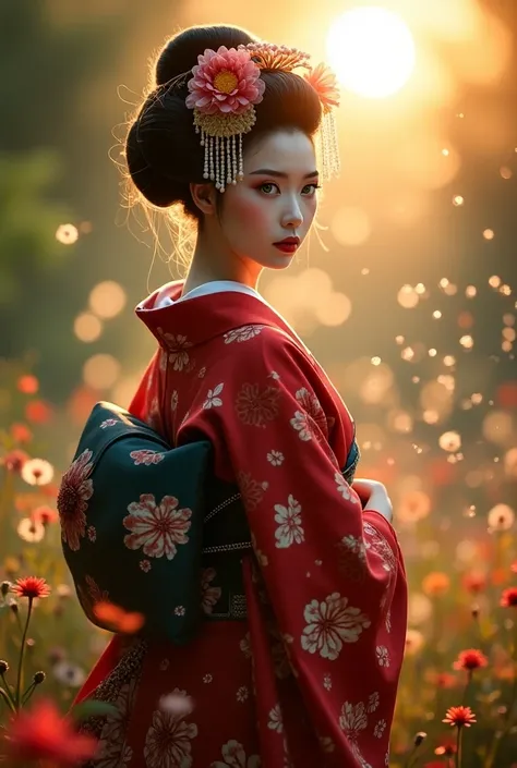 a beautiful geisha, green eyes, dress in vibrant red and black tones, in a beautiful garden of flowers and dandelions floating, illuminated by the light of dawn with the sun behind her to give it a touch of mystery, 8K, hyperrealism, masterpiece