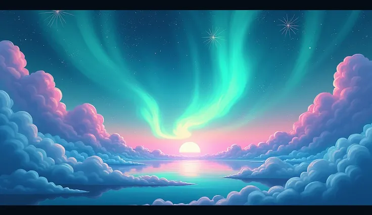 a little bit of cloud and alot of stars make it teal, light pink and light green, painting, an airbrush painting, behance contest winner, painted in bright water colors, colored vibrantly,  dark, landscape, high definition, colorful, glowing neon, aurora, ...