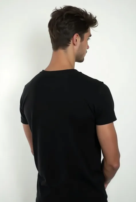 A young European 18 year old man,A handsome European 18 year old man wearing a black short-sleeved loose T-shirt , with your back to the camera , white background , upper body,Details are obvious