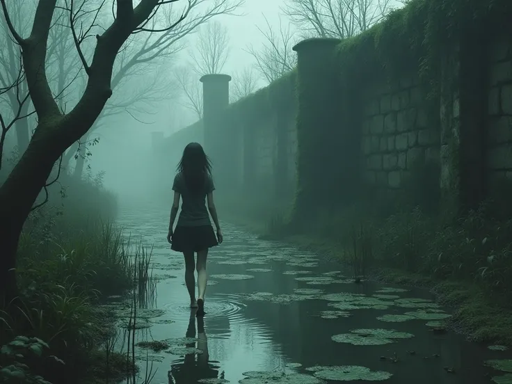 A girl walks through the swamp knee-deep in the water along the old wall,  GOTHIC STYLE