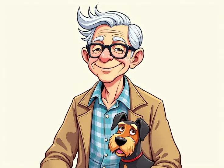 old man with bold hair with smile and wearing glasses, blue checker shirt and armless jacket upon the shirt sitting near with his Airedale Terrier dog mascot character style line art style