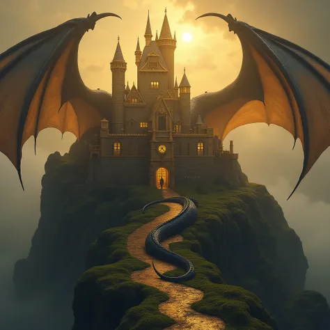 a golden castle and theres a long black dragon guarding it and his long body is circled around the castle "OLYMPUS DRAGONS" is the written under the Castle,cinematic,real dragon,real golden castle High Resolution, Masterpiece, Anatomically Correct, Accurat...