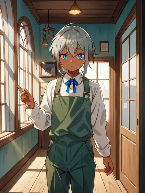 old stone city ,indoor, looking at the city from the window, is anatomically correct, high definition,１People,male子,male, silver hair,Blue Eyes,glowing eyes ,Brown Skin,White long sleeve shirt, beige pants , dark green suspenders,Light from outside,Backlig...