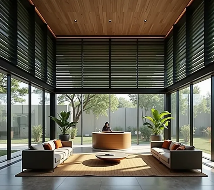 Design the interior of a luxurious reception at a retreat in Rajasthan, India. The square-shaped reception building  has glass walls on all sides of the room and dark green louvers hanging form the glass walls of one third height of the room . The space is...