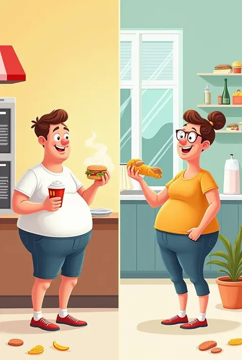 Create an illustration showing that stopping eating fast leads to dieting with a comical touch。