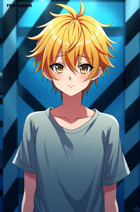 Anime boy with yellow hair and blue background with black stripes 