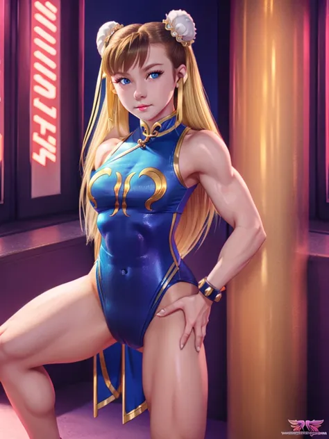 Girl, 12, Welsh, Long Blonde Hair, Blue Eyes, Chun Li Outfit, Leotard, Muscular, Medium Breasts