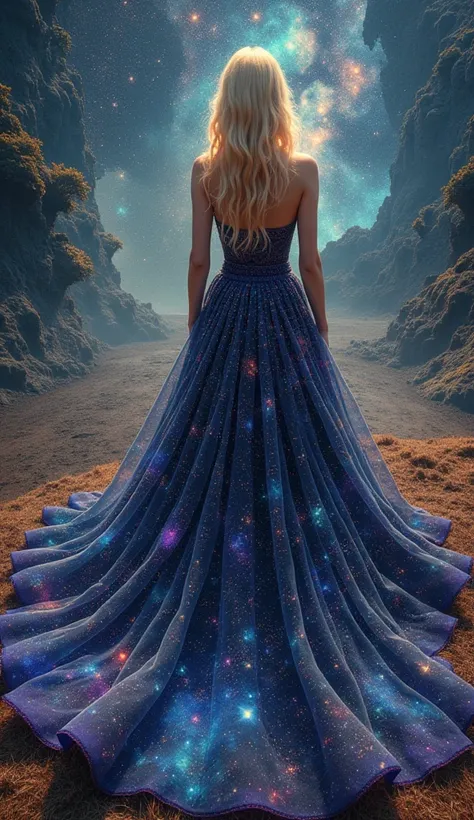 Psychedelic style 1girl,One,wide shot,(wide dress made of galaxy and stars:1.3),bare shoulders, without straps, Jewelry, earrings, blonde hair, long hair, high angle shot, Surreal, fantasy, Dreamy, masterpiece, Best quality, A high resolution, Delicate det...