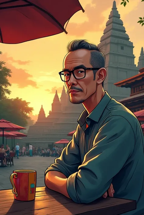 one example　
Man with glasses　Japanese　Set　Beardless　　
comics　wide awake　
In front of the Borobudur Sunset,Holding a colorful mug,Sitting at a cafe with parasol on the street,
