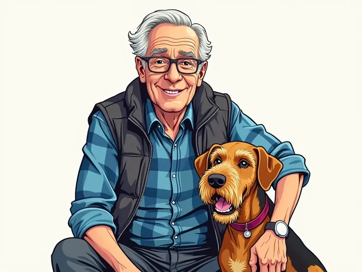 bold old man with smile and wearing glasses, blue checker shirt with 3 quarter sleeve and armless puffer jacket upon the shirt kneel down near with his Airedale Terrier dog mascot character style line art style