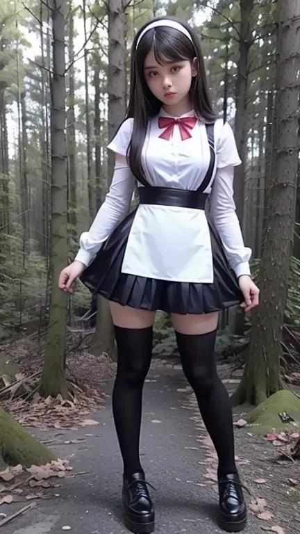 Full body, Mean   beautiful young schoolgirl  ,  beautiful  teen face, short black leather skater pinafore,   a teen girl wearing in a short black silk pleated pinafore, silk pleated skirt, wearing in a white blouse, with short puffy sleeves,  red silk tie...