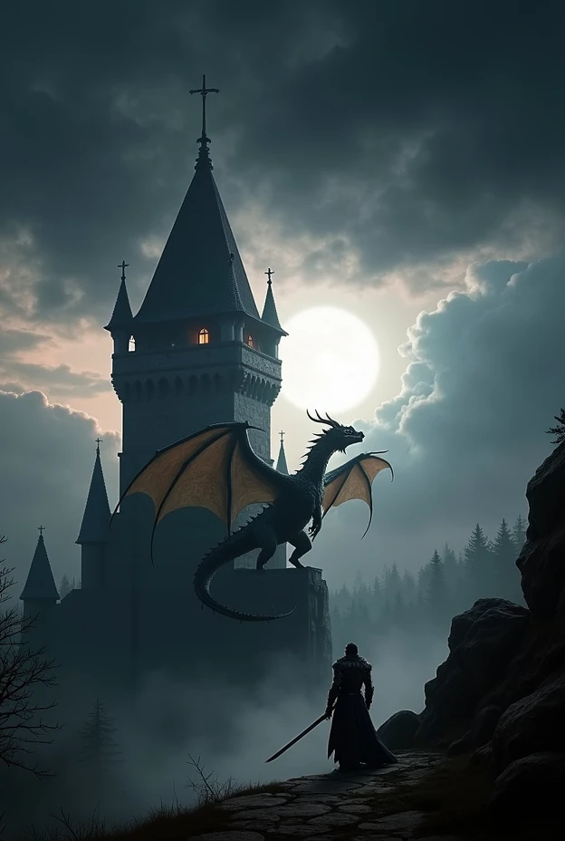 (Best quality,4k,Full HD:1.2),detailed dragon,ominous tower,man standing in front of the door,sword in hand,dark atmosphere,highly detailed scales on the dragons body,detailed castle architecture,gloomy sky ,Impressive shadows. Medieval fantasy setting, to...