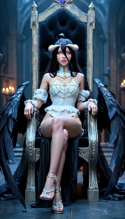 albedo(scales armoured succubus)(dragon eyes)(sitting on throne)(1girl)(solo)(front view)(elf)(demon horns)(gothic face)(full bo...