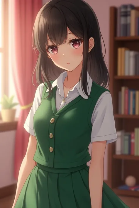 a beautiful Japanese school idol girl, 1girl, slim face, wearing extravagant luxury school uniform, white blouse, green vest, green skirt, standing in girls room, pink walls, shelves with books and decorations, detailed face, beautiful detailed eyes, beaut...