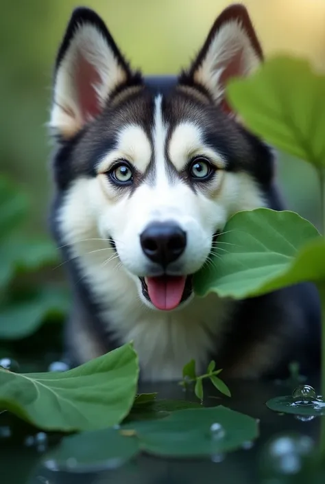 A cute Husky ,  Close up of the face, portrait, furry, leaves, No Man, Water, ampoules , Bubbles, More details,  saturated colors  ,  charming smile ,  The best quality, 8K, high saturation