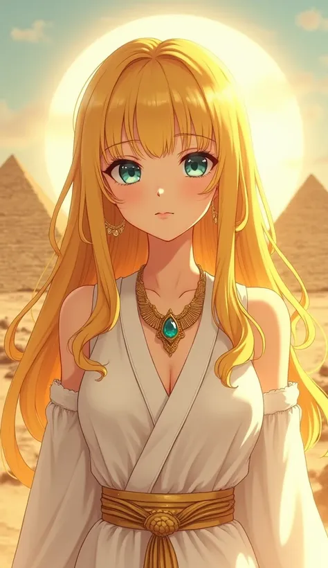 In this enchanting anime-inspired artwork, a stunning girl with long yellow hair and bangs is depicted wearing a white Egyptian robe and adorned with a gold necklace. Her fair complexion, piercing blue eyes, and soft lips contribute to her ethereal beauty....