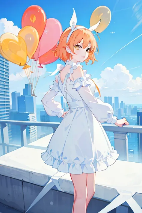 masterpiece, Best Quality,  1 girl, Alone,  orange hair,  short hair, Shoulder-length hair,  straight hair,  orange eyes round eyes ,, (( light blue apron dress)), (( long sleeve)), Knee-length dress, frills, ((( white ribbon headband ))), On the roof of a...