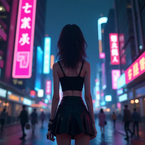 cyber girl in a black top and skirt standing in the middle of a city, cyberpunk vibes, cyberpunk vibe, in cyberpunk city, cyberpunk anime girl, cyberpunk art style, cyberpunk with neon lighting, female cyberpunk anime girl, dreamy cyberpunk girl, aesthetic...