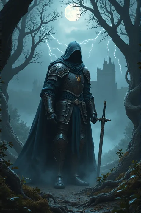 " A dark knight in frayed black armor ,  standing in a gloomy forest under a pale moonlight .  His shining sword is covered with ancient symbols ,  and his dark cloak flutters in the wind . Around you,  dense fog and twisted trees with branches that look l...