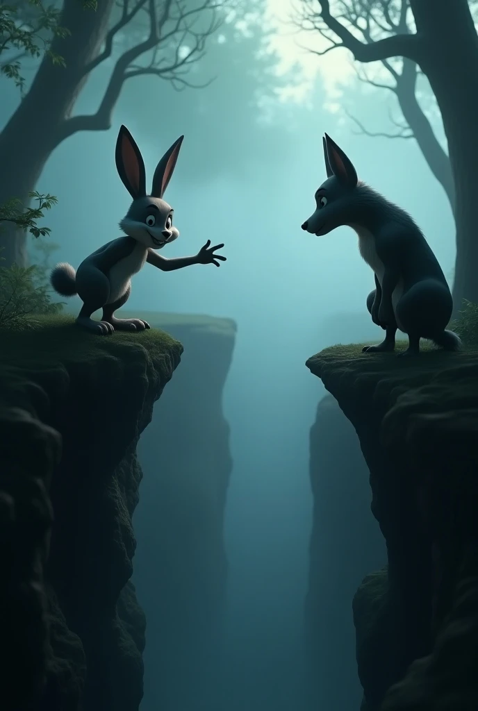 Generat in cinematic 3d cartoon style ""A close-up of a clever rabbit at the edge of a ravine, pretending to point out something interesting to a curious wolf peering over the edge. The forest is dark and mysterious, with fog rising from below