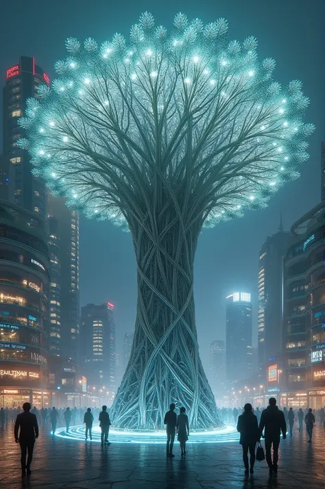 “A giant tree with roots made of metal cables, growing in the middle of a futuristic, high-tech city. The tree has holographic leaves, glowing softly in the moonlight, while people walk around, interacting with digital interfaces.”