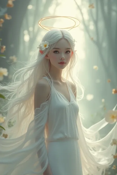 25 year old woman with long white hair, white eyelashes, white skin, white eyes, wearing white holy dress, tall, smiling, Pointed ears, Hair flower,  flickering light , Ring on the head, Decorative Arts, Abstract art, 