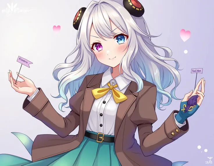 Firefly de Honkai:  Star Rail Appearance : hair:  Silver blonds with a turquoise hue , up to the waist, slightly wavy. eyes:  Mix of deep blue and sunset pink . Outfits and Accessories: clothing:  Brown blazer over a green and white dress with a yellow rib...