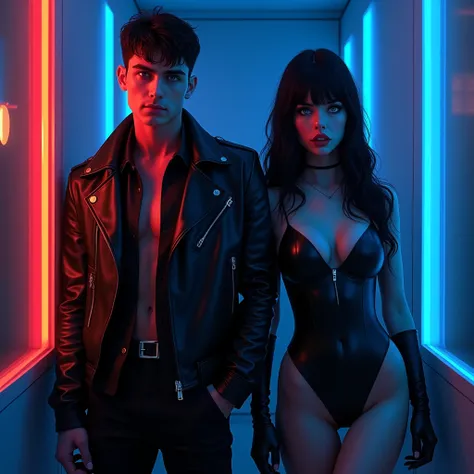 Realistic illustration of a 20-year-old Russian MAN with short black hair , very blue eyes, strong traits,  black pants and a black leather jacket ,  Next to him is an extremely beautiful 20-year-old Russian WOMAN with extremely smooth long black hair with...