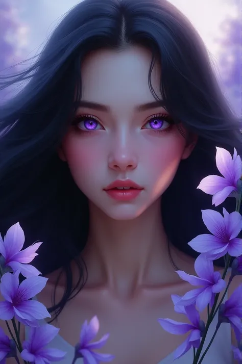 Black-haired woman, purple eyes, delphinium