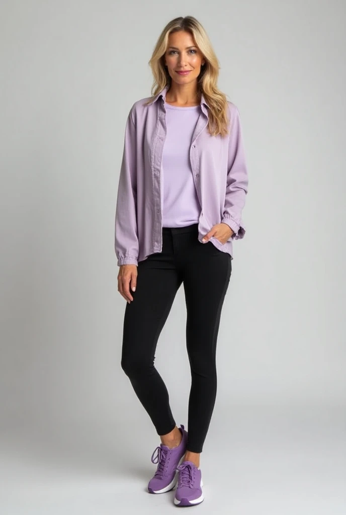  outfits for middle-aged women in a modest 、But please suggest 、 spring vibe 。 coordination using black leggings and purple sneakers。. 
