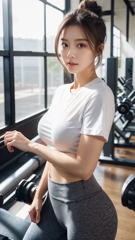 Beautiful young woman in her early twenties,  Long Dark Brown with Ash Highlights Hair,  sports leggings, Sport Style T Shirt , Hair Bun, The location is a personal gym ,  and it looks like theyre training, Wear a smartwatch、 natural light that highlights ...