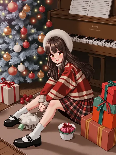 1girl, (hair swept bangs:1.3), (long brown hair:1.3), solo focus, cute anime waifu in a nice dress, long hair, looking at viewer, skirt, black hair, hat, sitting, food, shoes, anime, socks, indoors, hood, anime girl, black footwear, black eyes, sweater, pl...